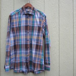 St. Croix Dress Shirt Mens M Cotton Plaid Long Sleeve Italy Career Casaul office